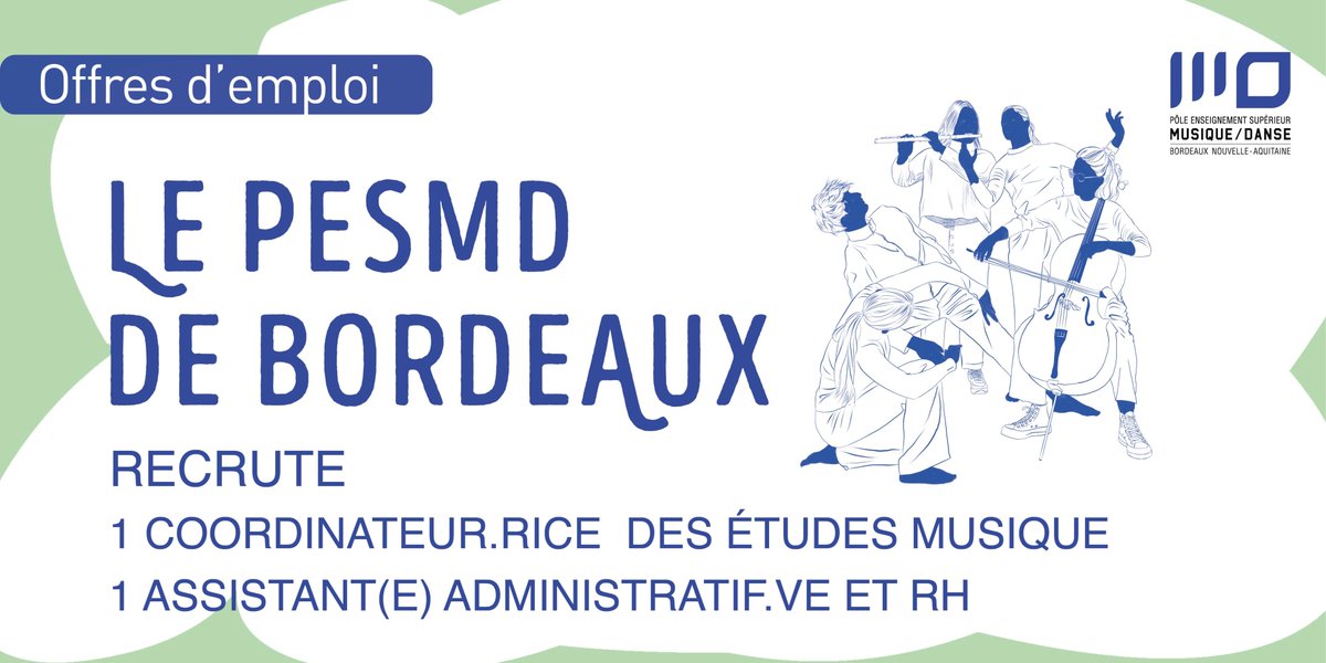 [#Recrutement] 📢
Le Pôle d'Enseignement Supérieur de Musique et de Danse de #Bordeaux recherche :
• 1 COORDINATEUR.RICE DES ÉTUDES MUSIQUE
• 1 ASSISTANT(e) ADMININSTRATIF.VE et RH
ℹ️ pesmd.com/fr/content/emp…

#emploi #pesmd #enseignementsuperieur  #nouvelleaquitaine