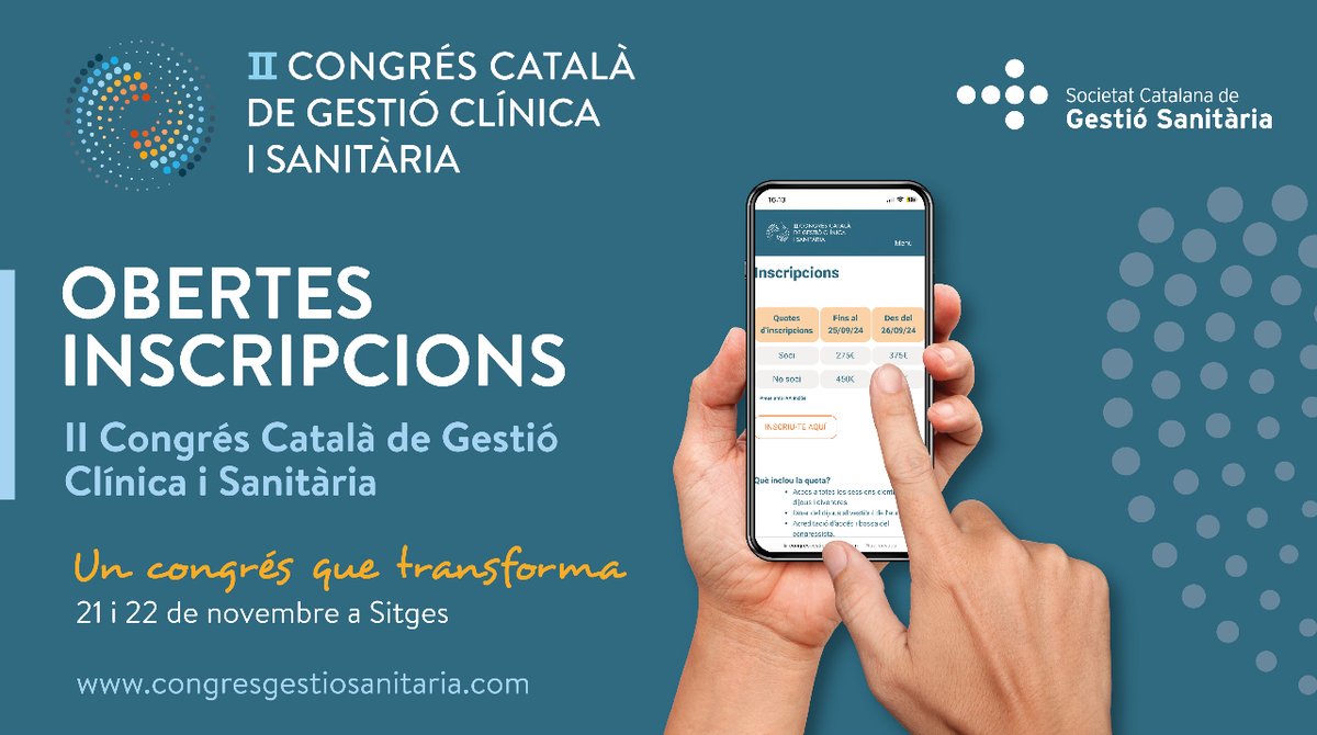 Societat de Gestió Sanitària (@gestiosanitaria) on Twitter photo 🚀 Obertes inscripcions al II Congrés Català de Gestió Clínica i Sanitària! 
🌊 Del 21 al 22 de novembre a Sitges
Aprofita la quota reduïda i participa en un Congrés per transformar! 
🔎 tuit.cat/Q06wL 🚀 Obertes inscripcions al II Congrés Català de Gestió Clínica i Sanitària! 
🌊 Del 21 al 22 de novembre a Sitges
Aprofita la quota reduïda i participa en un Congrés per transformar! 
🔎 tuit.cat/Q06wL