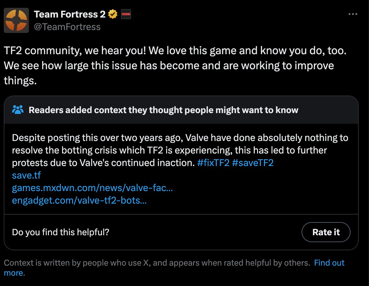 ShorKtf2's tweet image. A community note has been added to the infamous "we hear you" post #FixTF2 #SaveTF2 Save.tf
