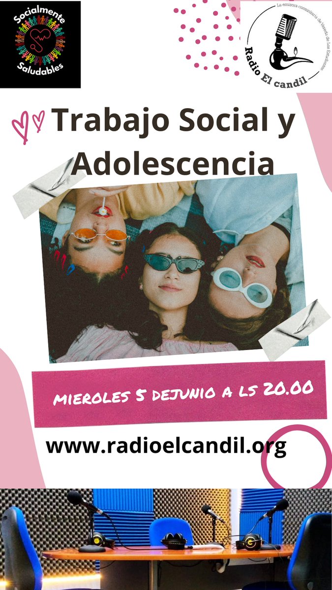 📻Mañana 5 DE Junio en #RadioElCandil, nuevo programa de:

'Socialmente Saludables'💜

TRABAJO SOCIAL Y ADOLESCENCIA
Presentan 
🎙️Rocío Galán <a href="/rocio_tsocial/">Rocio</a>  y
🎙️Ángel Reviriego <a href="/angelreviriego/">Ángel</a>
 
🗓️miércoles📡
🕙20:00 h.
🔊radioelcandil.org/en-vivo/👈
