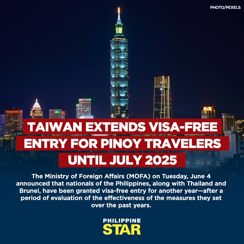 PhilippineStar's tweet photo. TAG YOUR TRAVEL BUDDY! 🇹🇼

If Taiwan is part of your travel bucket list, you’d be happy to know that you may go there without a visa until July 31, 2025. https://t.co/UoZIqkV3He | @philstarlife https://t.co/1TSPEijlS9