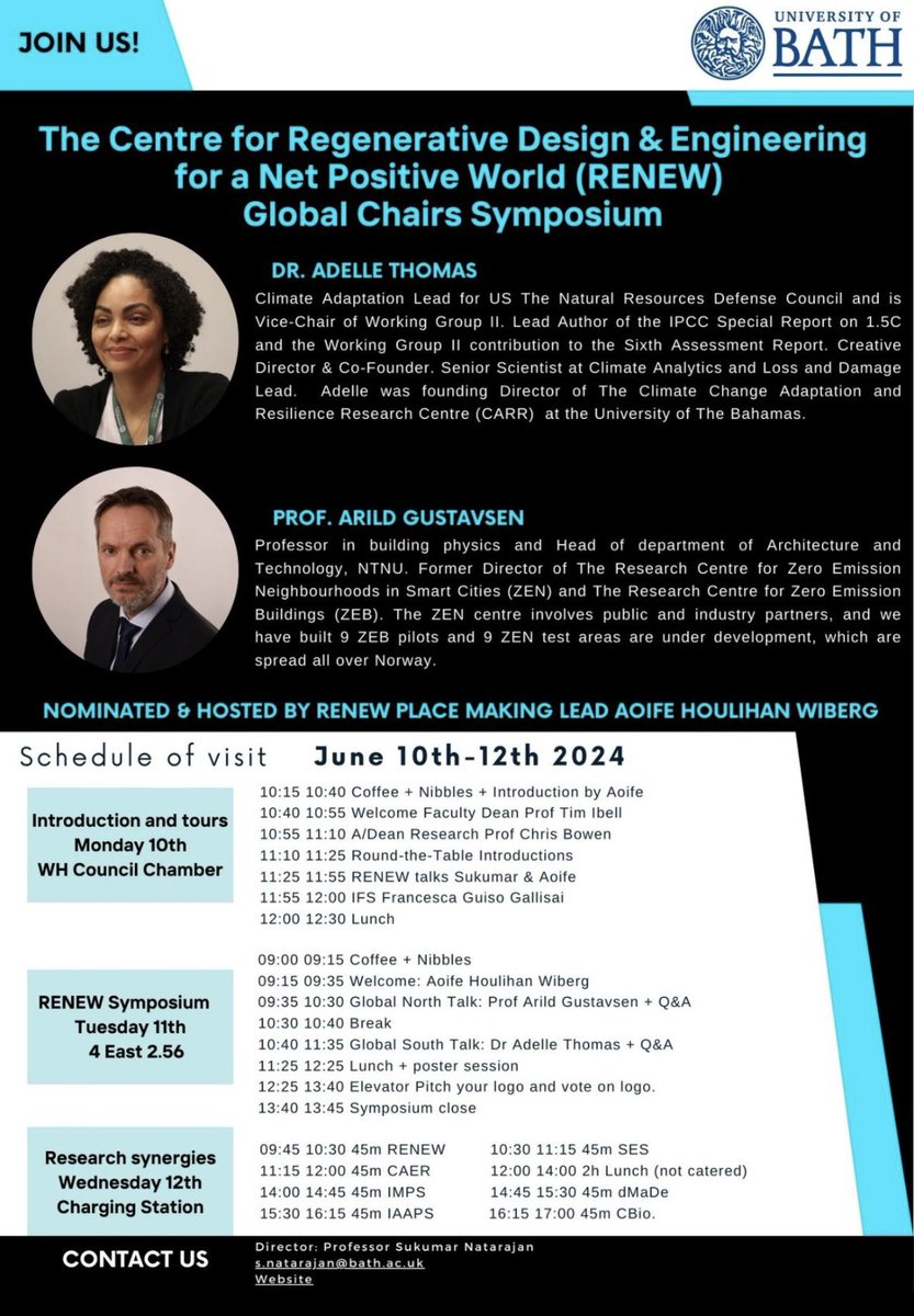 Join Our Symposium!! 
We will be welcoming our RENEW Global Chairs Arild Gustavsen and Adelle Thomas at the University of Bath on their visit from June 10th-12th.
#bathuni #regenerativedesign #netzero #netpositive #SustainableEnergy