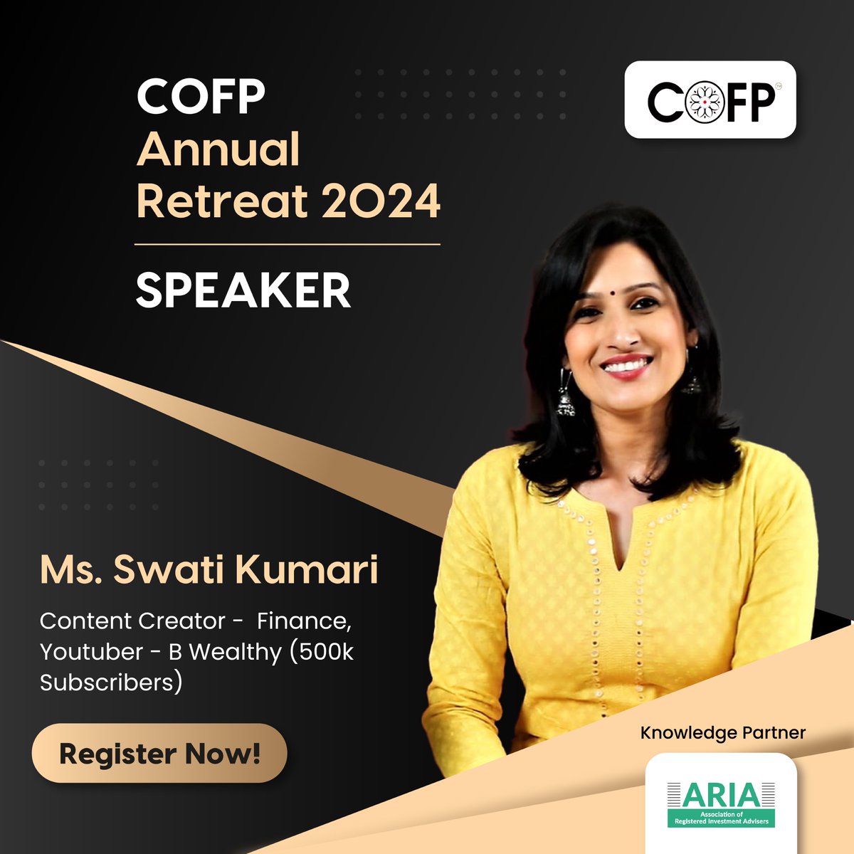 CouncilofFP's tweet photo. Excited to announce @Bwealthyswati our second speaker for the COFP Retreat! With a career spanning @CNBC_Awaaz, @ZeeBusiness, and @starindia, she's a leader in finance and media.

Join us for three days of learning &amp; networking.
#financeretreat  #networking #finance #CFP #retreat https://t.co/V8AG7pRCYy