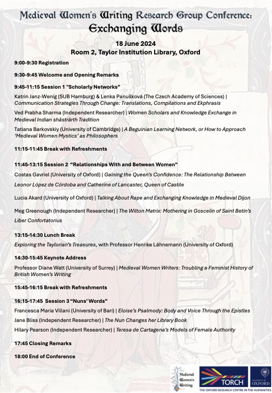 MedievalWomenOx's tweet photo. 📢2 weeks notice for "Exchanging Words"!
The Conference is 18.06.24 in Room 2 of the @TAYOxford (in person &amp; online), with the fantastic @Diane_Watt giving the keynote lecture! Check out our (slightly amended, but still) amazing programme! We can't wait to hear all the papers!😍 https://t.co/CJuV0rNSOl
