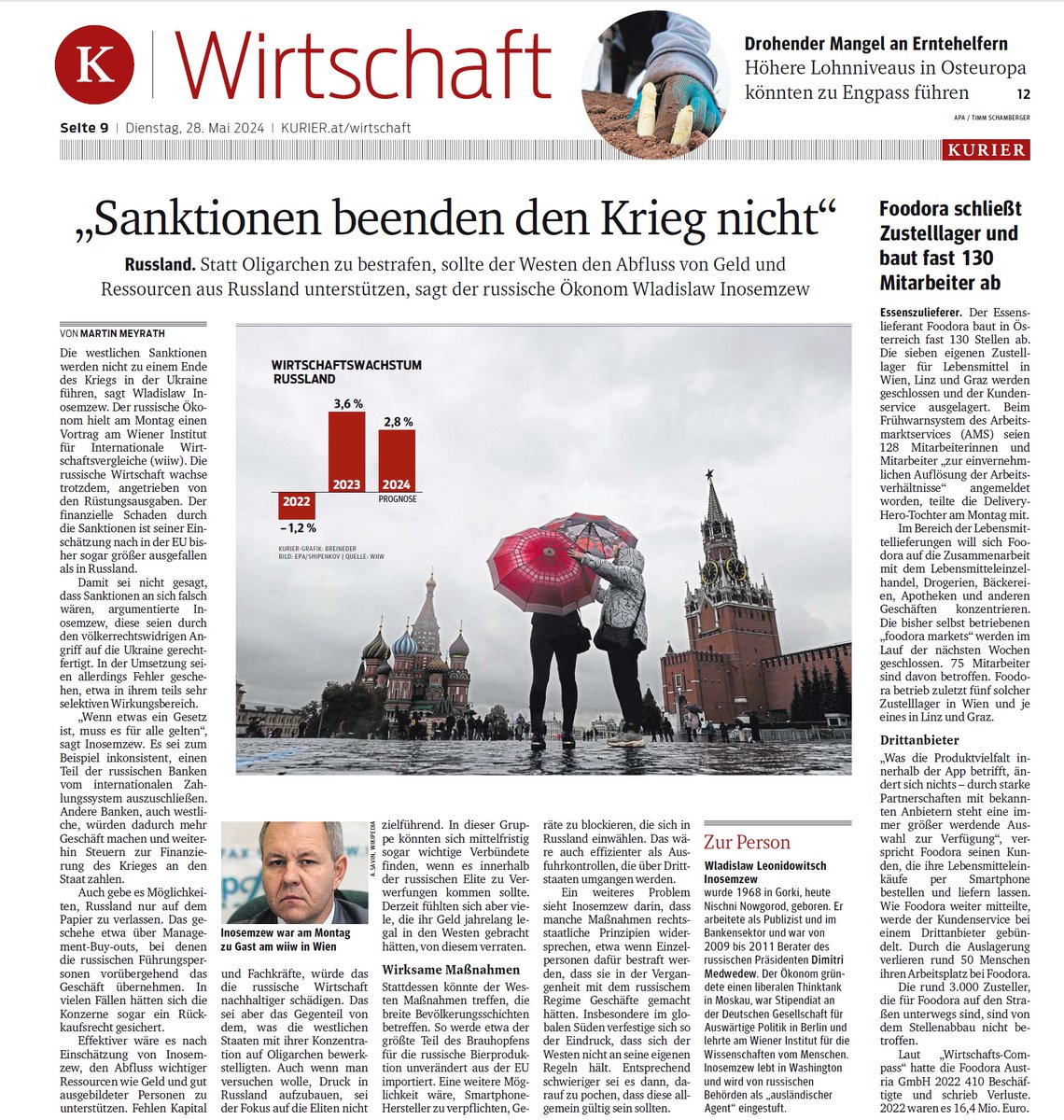 wiiw_ac_at's tweet photo. Großes Interview im @KURIERat mit dem in den USA wirkenden, bekannten russischen Ökonomen Wladislaw Inosemzew, der vergangene Woche bei uns zu Gast war, inkl. unserer Konjunkturprognose für #Russland. https://t.co/pcCjAzAUPm