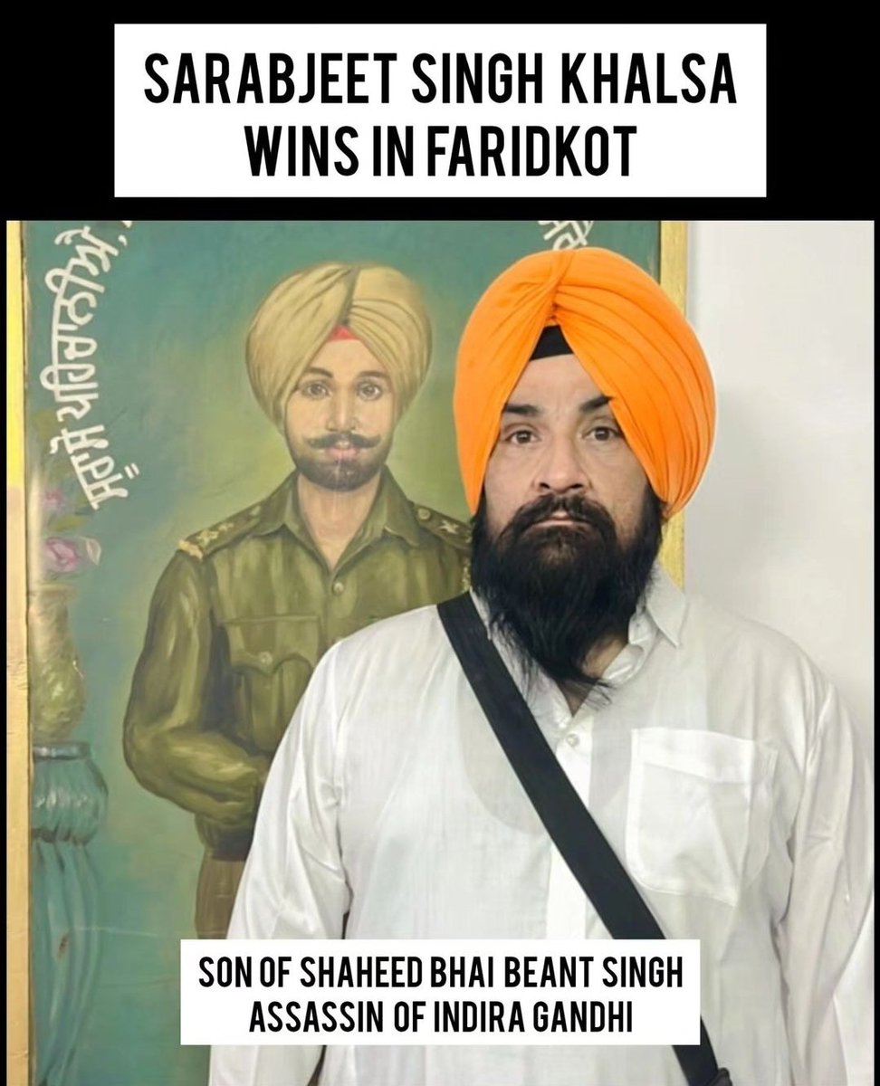 SherePanjabUK's tweet photo. Bhai Sarabjeet Singh Khalsa son of Shaheed Beant Singh and Bibi Bimal Kaur Khalsa’s win has brought tears of joy.

Unlawfully jailed Sikh leader Bhai Amritpal Singh has won the Khadoor Sahib parliamentary election with an overwhelming margin. https://t.co/Uocot2wVb8