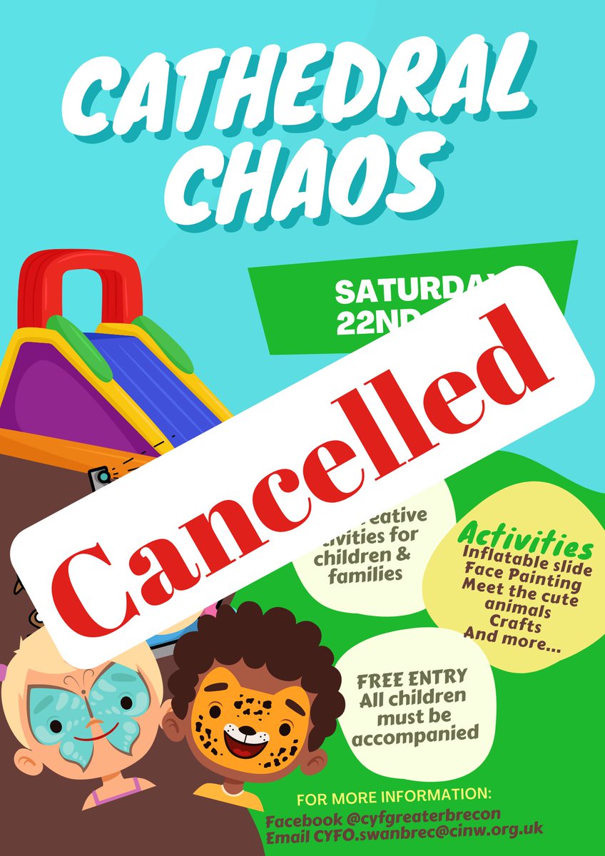 Children, Youth & Families Outreach (@cyfgreatbrecon) on Twitter photo We regret to inform you that after careful consideration, the Cathedral Chaos event has been cancelled due to unforeseen circumstances. We want to express how disappointed we are by this turn of events.
#breconbeacons #brecon #cathedralchaos #cancelled <a href="/Swanbrec/">Swansea & Brecon Diocese</a> <a href="/swanbreced/">SBeducation</a> We regret to inform you that after careful consideration, the Cathedral Chaos event has been cancelled due to unforeseen circumstances. We want to express how disappointed we are by this turn of events.
#breconbeacons #brecon #cathedralchaos #cancelled <a href="/Swanbrec/">Swansea & Brecon Diocese</a> <a href="/swanbreced/">SBeducation</a>