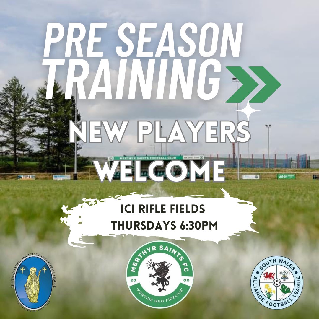 🟢⚪️  Our Men’s teams return to training this Thursday. 

With two teams competing in both the South Wales Alliance and Merthyr Tydfil Football leagues, we are on the lookout for new players. 

Get in touch for more information ✉️