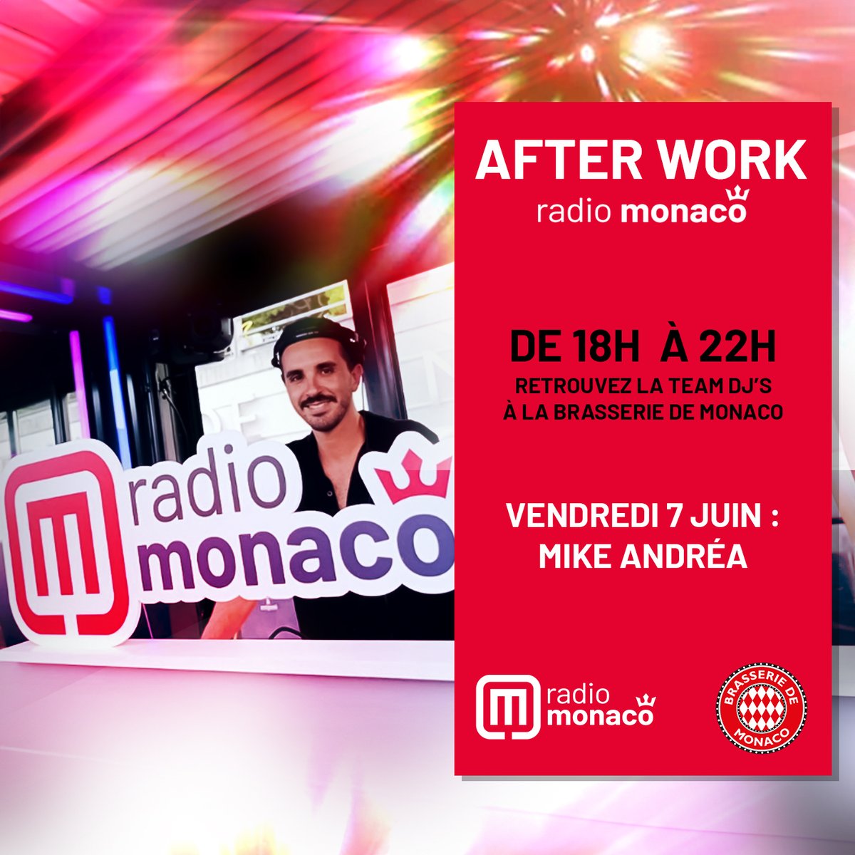 RadioMonacoFM's tweet photo. VENDREDI 7 JUIN ➡️ After Work Radio Monaco ! 🎧🍻 De 18h à 22h, retrouvez la Team #Djs Radio Monaco à La Brasserie de Monaco !

Ce vendredi : Mike Andréa

#DJ #MixDJ #Afterwork #Monaco #Montecarlo https://t.co/dFN4CoIOHi