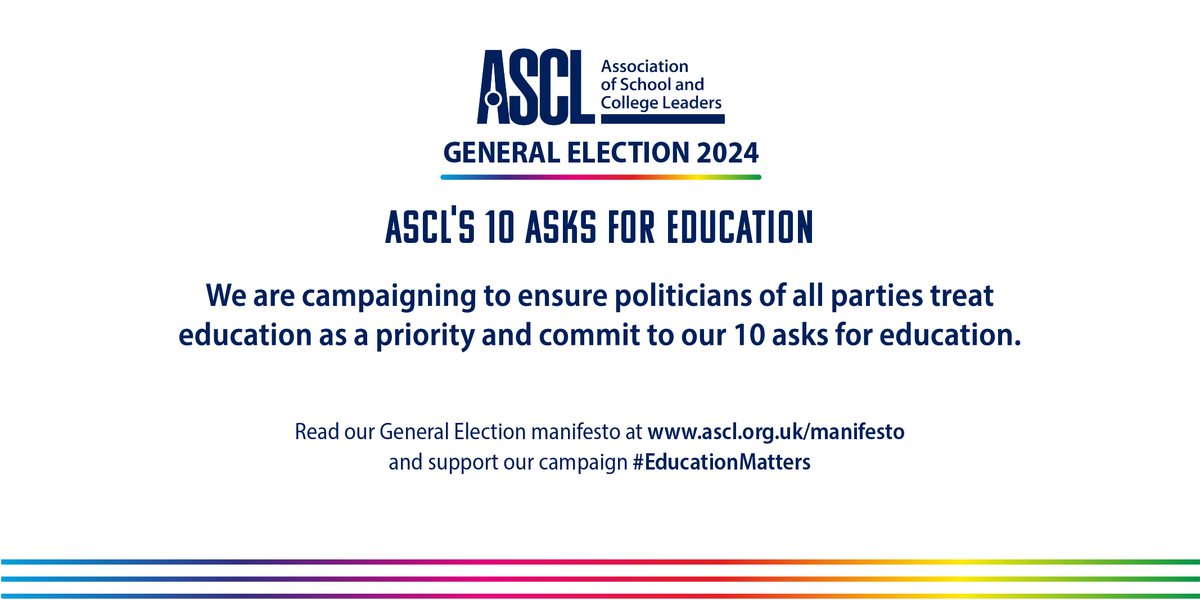 We call on all political parties to address the education funding crisis. 

#EducationMatters and is an investment, not a cost. 

See our 10 asks for education at ascl.org.uk/manifesto 

#GeneralElection #education