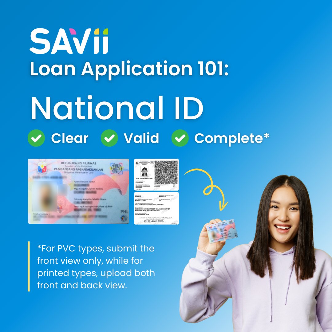 SAViiPH's tweet photo. Nais gamitin ang iyong National ID as primary document? Pwedeng-pwede!

Follow these simple tips para sa tamang pag-upload ng iyong ID at maiwasan ang anumang hassle sa iyong SAVii loan application! https://t.co/c6Wh17X3bT