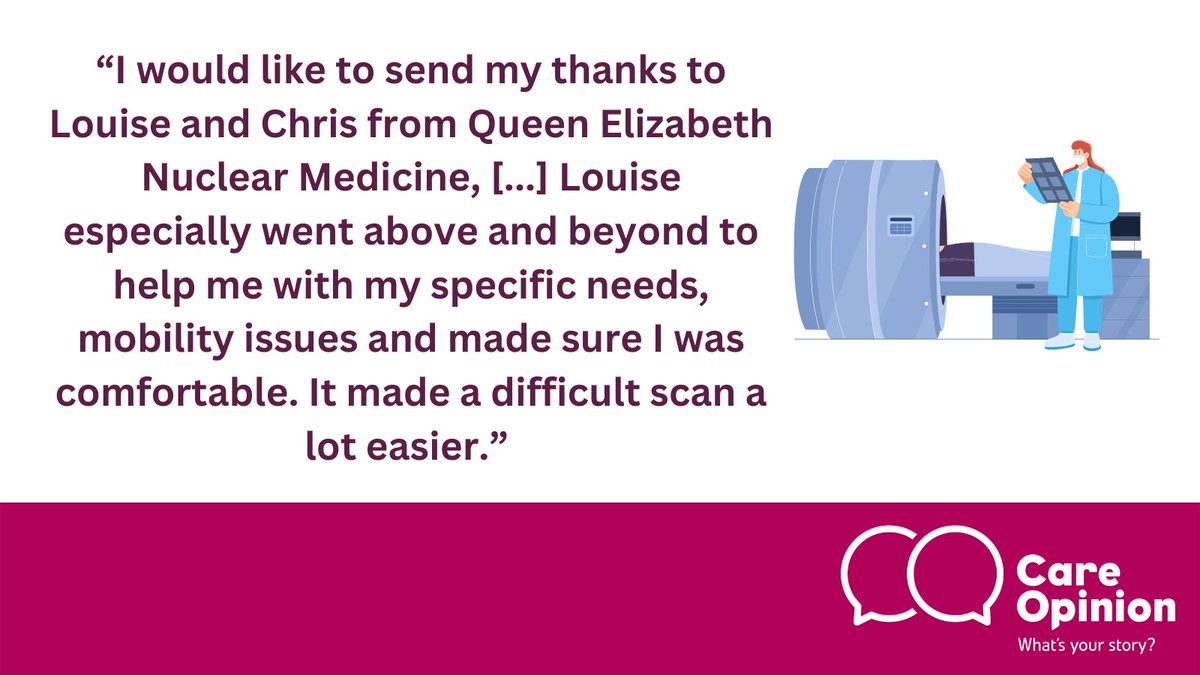 CareOpinionScot's tweet photo. Today's story is about a service user's appreciative words about the care they received from Louise and Chris at @NHSGGC #QUEH #NuclearMedicine. They were put at ease and felt the care went above and beyond. Fantastic feedback!
Read the full story👇
https://t.co/fW9uoTPGry https://t.co/WonYXeBfdh