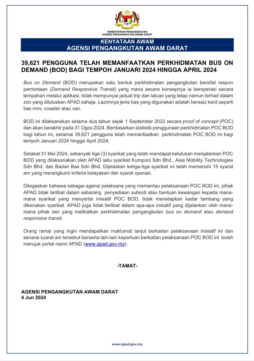 APADchannel's tweet image. Hebahan Media :
39,621 PENGGUNA TELAH MEMANFAATKAN PERKHIDMATAN BUS ON DEMAND (BOD) BAGI TEMPOH JANUARI 2024 HINGGA APRIL 2024
#APADchannel 
#busondemand
#proofofconcept
#bod
#poc