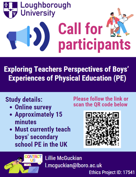 Lillie McGuckian (@lemcguckian) on Twitter photo ✨Research Opportunity✨
Are you a PE teacher in the UK who teaches boys' PE? If so, please complete our survey exploring your perspectives on boys' experiences ⤵️
loughboroughssehs.eu.qualtrics.com/jfe/form/SV_5u…
Please repost and share widely 🔄
<a href="/DrORHooper/">Dr Oliver Hooper</a> <a href="/DrRASandford/">Dr Rachel Sandford</a> <a href="/LboroSSEHS/">LboroSSEHS</a> <a href="/lborouniversity/">Loughborough University</a> ✨Research Opportunity✨
Are you a PE teacher in the UK who teaches boys' PE? If so, please complete our survey exploring your perspectives on boys' experiences ⤵️
loughboroughssehs.eu.qualtrics.com/jfe/form/SV_5u…
Please repost and share widely 🔄
<a href="/DrORHooper/">Dr Oliver Hooper</a> <a href="/DrRASandford/">Dr Rachel Sandford</a> <a href="/LboroSSEHS/">LboroSSEHS</a> <a href="/lborouniversity/">Loughborough University</a>