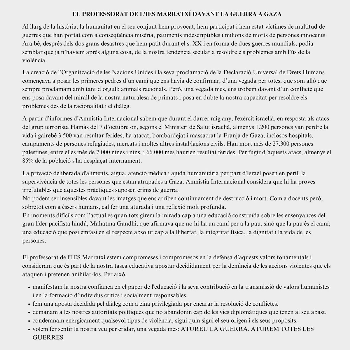 IesMarratxi's tweet photo. El professorat de l’IES Marratxí es manifesta contra les guerres. Manifest i foto.
ATUREU LA GUERRA. 
ATUREM TOTES LES GUERRES.”
#iesmarratxi #apimaiesmarratxi #elcentrequevolem #noalaguerra https://t.co/VmR55EbW4r