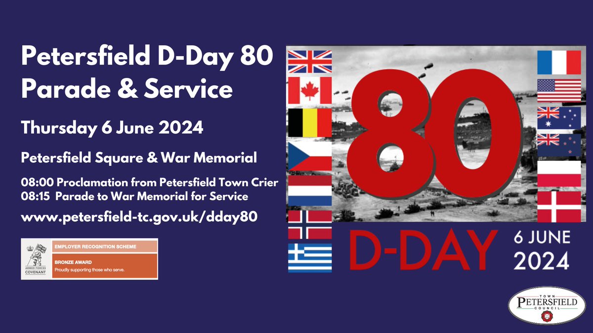 Do join us this thurs from 8am as we commemorate the 80th anniversary of D-Day with a parade + service in the town centre. Let's come together to honor + remember the bravery + sacrifice of those who served. petersfield-tc.gov.uk/dday80/
#DDay80 #RememberTheFallen #armedforcescovenant