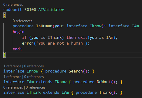 SBalslev's tweet image. In the reflecting mood? Descartes in #msdyn365bc AL pre-release version 14.0.1037708.
Extending interfaces, testing, and casting interfaces keywords (is, as) - great additions to AL in the next major.