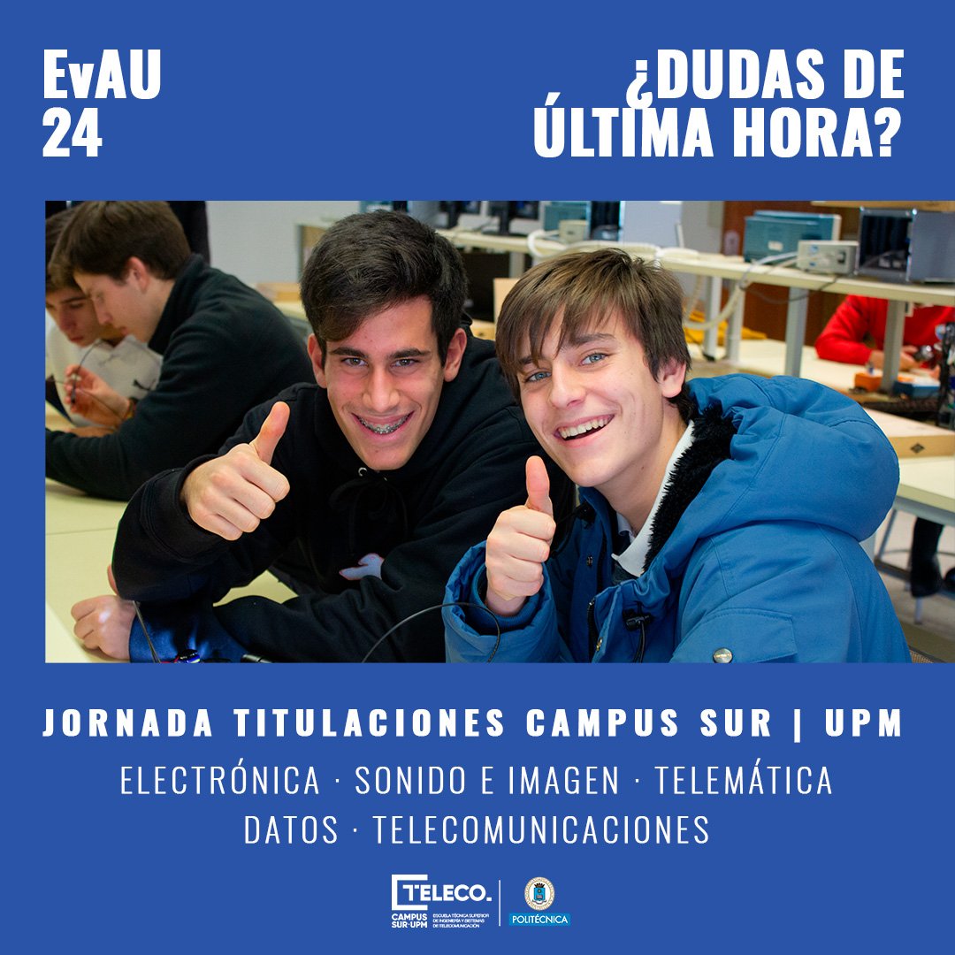 JORNADA TITULACIONES 2024 👇

¿Quieres conocer la titulaciones de Teleco Campus Sur? ¿Quieres resolver tus dudas sobre la universidad y la ingeniería de telecomunicaciones? Es tu oportunidad.

📅 Viernes 14 de junio por Zoom

Inscripciones: eventos.upm.es/118130/detail/…