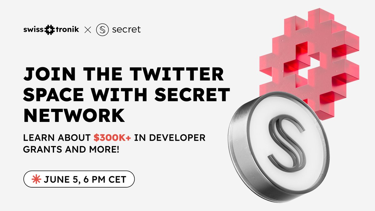 swisstronik's tweet photo. 🗣🗓️ Join our Twitter space with @SecretNetwork at 6 pm CET tomorrow, June 5: https://t.co/M8rCwEHOkE

Why visit?

✅ Learn how to tap into grants worth $300,000+ in SWTR for those who leverage Swisstronik tools on Secret Network
✅ Find out how you can make use of Secret VRF on Swisstronik
✅ Discover more about Decentralized Confidential Computing (#DeCC) and the Confidential Computing Constellation - and why Swisstronik is joining in… And more!