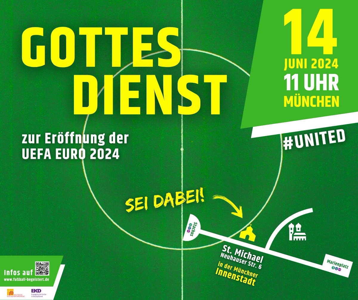 Deutsche Bischofskonferenz (@dbk_online) on Twitter photo Gottesdienst zur Eröffnung der <a href="/EURO2024DE/">UEFA Nations League DE</a> ⚽🙏
Am Tag des Eröffnungsspiels der Fußball-#Europameisterschaft in #Deutschland laden wir gemeinsam mit der <a href="/EKD/">Evangelische Kirche</a> zu einem ökumenischen #Gottesdienst in #München ein!
📅Freitag, 14. Juni 2024, um 11.00 Uhr
📍Kirche St. Michael, Gottesdienst zur Eröffnung der <a href="/EURO2024DE/">UEFA Nations League DE</a> ⚽🙏
Am Tag des Eröffnungsspiels der Fußball-#Europameisterschaft in #Deutschland laden wir gemeinsam mit der <a href="/EKD/">Evangelische Kirche</a> zu einem ökumenischen #Gottesdienst in #München ein!
📅Freitag, 14. Juni 2024, um 11.00 Uhr
📍Kirche St. Michael,