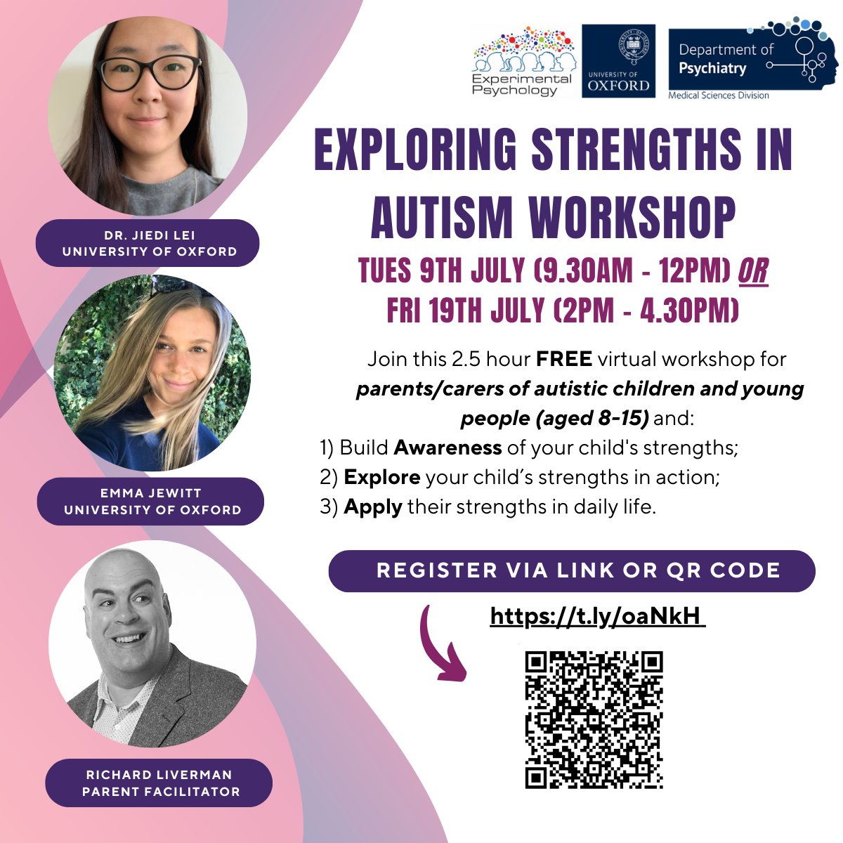 📢 Are you a parent/carer of an autistic young person aged 8-15 years old and want to learn about how to support your child to use their strengths? Join us for a FREE 2.5 hour workshop to explore your child's strengths! Register: t.ly/oaNkH <a href="/topic_group/">TOPIC Research Group</a> <a href="/OxPsychiatry/">Oxford Psychiatry</a>