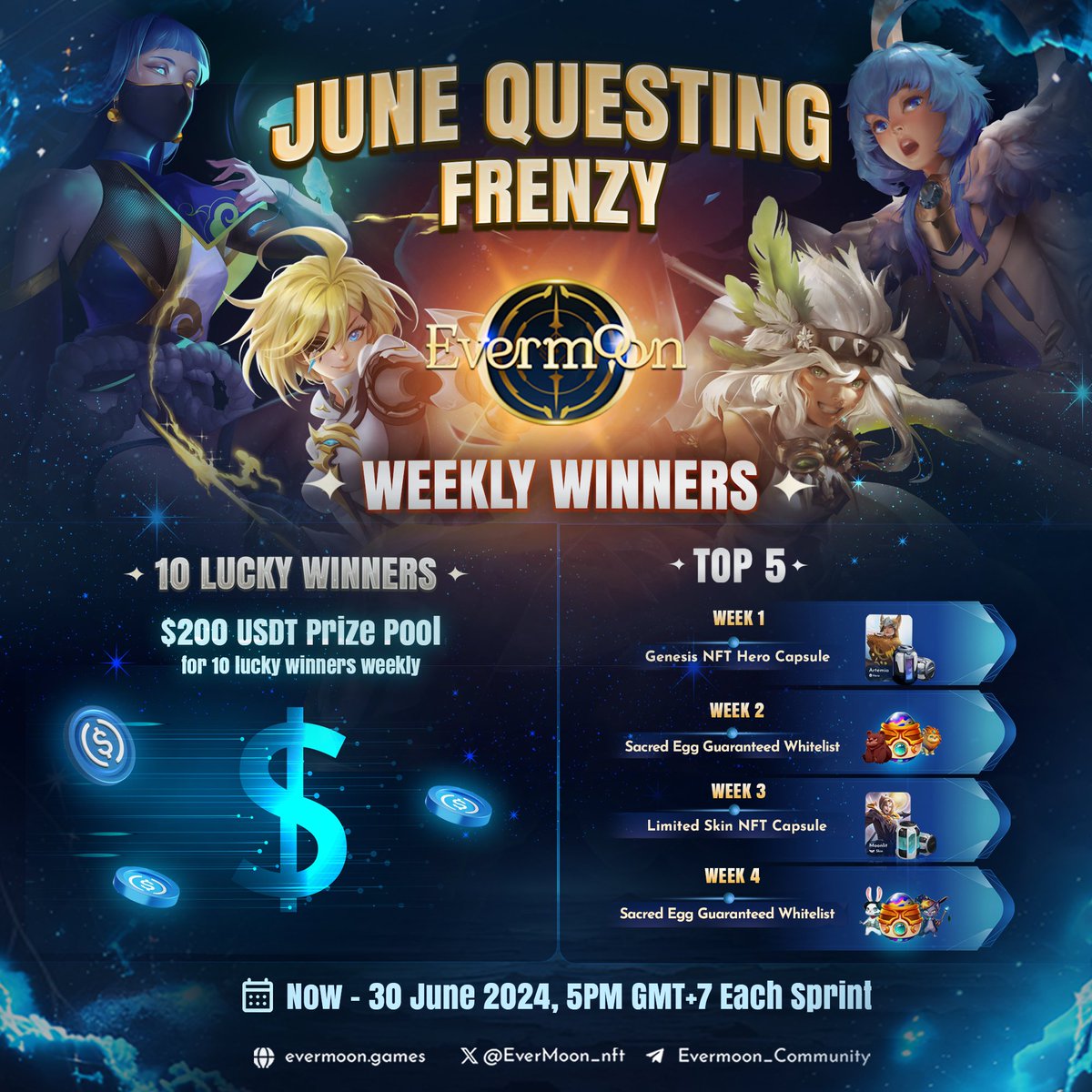 EverMoon_nft's tweet photo. ⚔️ Evermoon “June Questing Frenzy” ! ⚔️

Conquer challenges WEEKLY for epic rewards!
💰 $200 USDT Pool: 10 lucky winners every week!
🎁 Exclusive NFT Airdrops: Top 5 players each week get exclusive NFTs! (New rewards each week!)

⚡️Join the Quest: https://t.co/qUV1mSe8uJ

Earn 25+ XP each week to enter! Starts NOW, ends June 30th.
#Evermoon #MOBA
#Quest #Web3Gaming #Airdrop
