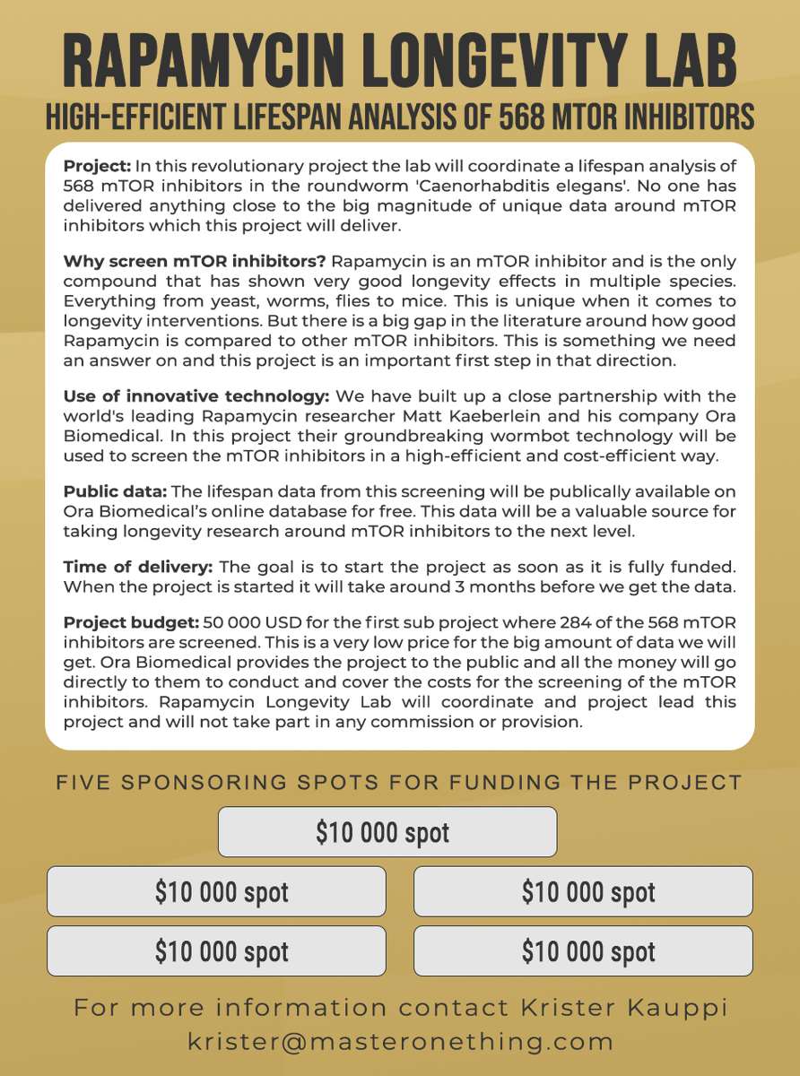 KristerKauppi's tweet image. Rapamycin, a mTOR inhibitor, is currently the most promising longevity compound that has been discovered. In January this year the Rapamycin Longevity Lab discovered, thanks to Ora Biomedical&apos;s wormbot technology, a new interesting mTOR inhibitor called GSK2126458. Also known as…