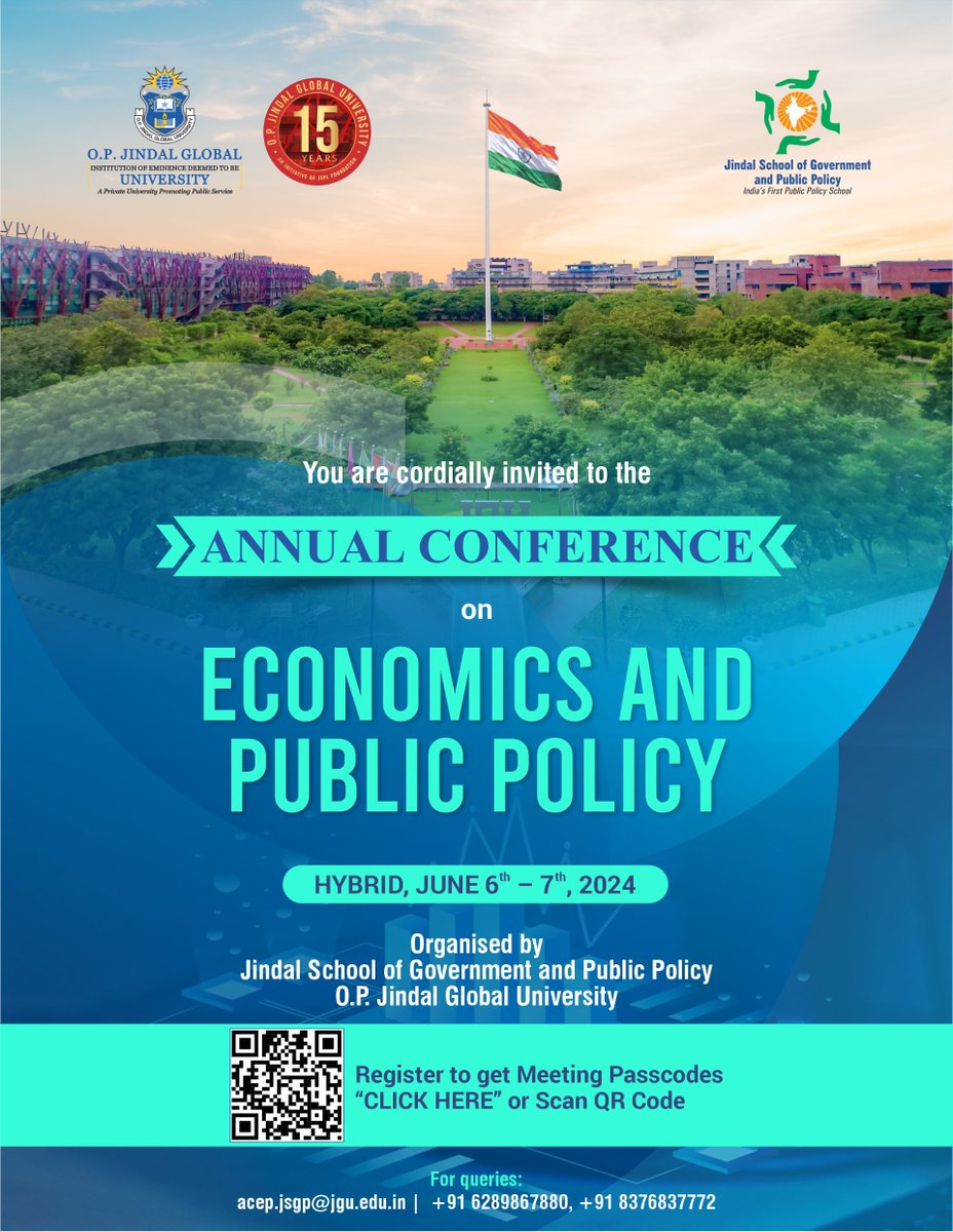 JSGP_JGU's tweet photo. Happy to announce Annual Conference on Economics and Public policy at JSGP, @JindalGlobalUNI. Join us on June 6-7th in-person or online. Register now: https://t.co/HllLVNOI2p
#ACEP2024 #EconTwitter #publicpolicy #Econometrics https://t.co/ZIIGFIwale
