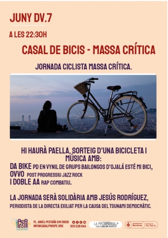 Districte de Nou Barris (@bcn_noubarris) on Twitter photo 🚲 La trobada d'aquest divendres de <a href="/massacriticabcn/">Massa Crítica BCN</a> acabarà amb una festa al <a href="/CasalBProspe/">Casal de Barri Prosperitat</a>!
👉 A partir de les 22.30 h us hi espera paella, el sorteig d'una bici i música en format bandes i dj, en una jornada solidària amb el periodista <a href="/albertmartnez/">Jesús Rodríguez</a>: i.mtr.cool/eykkacvvsz 🚲 La trobada d'aquest divendres de <a href="/massacriticabcn/">Massa Crítica BCN</a> acabarà amb una festa al <a href="/CasalBProspe/">Casal de Barri Prosperitat</a>!
👉 A partir de les 22.30 h us hi espera paella, el sorteig d'una bici i música en format bandes i dj, en una jornada solidària amb el periodista <a href="/albertmartnez/">Jesús Rodríguez</a>: i.mtr.cool/eykkacvvsz