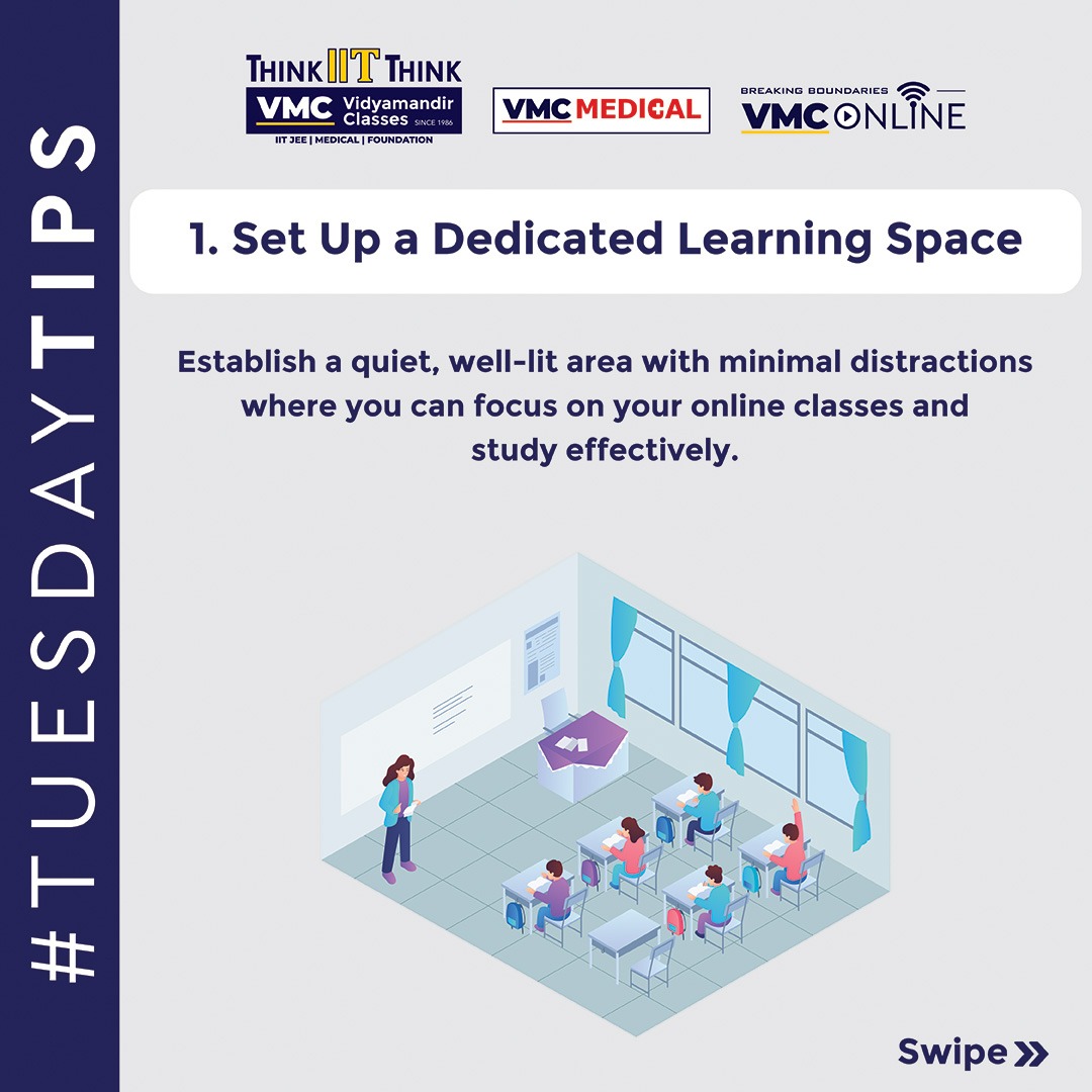 VmcLearning's tweet image. Mastering the art of #onlinelearning with these #keytips! Set up your dedicated study space, stick to a consistent schedule, engage actively in #virtualclasses, stay organized with digital tools, and don&apos;t forget to prioritize self-care. 
#VMC #VidyamandirClasses #TuesdayTips