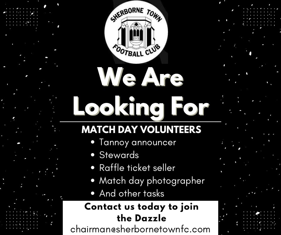 SherborneTownFC's tweet photo. We are on the look out for match day volunteers ahead of the 2024/2025 @WessexLeague and @DPL_official seasons. Please get in touch to find out more #Zebras #COYZ #Sherborne #Dorset @swsportsnews @Abbey_104 @sherbornetimes @NonLeagueCrowd @nonleaguevol @SherborneTownCl https://t.co/L5PwjjLBiT