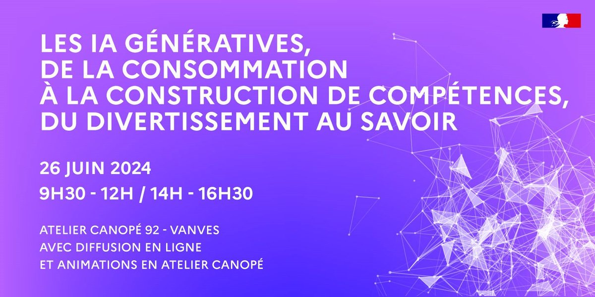 📅 Événement - Les IA génératives comme ChatGPT, Mistral ou Gemini bousculent l'éducation. Réseau Canopé réunit experts, chercheurs et enseignants le  26 juin pour une journée d'échanges et de formations, en ligne et dans votre Atelier ! 👉 reseau-canope.fr/actualites/act…