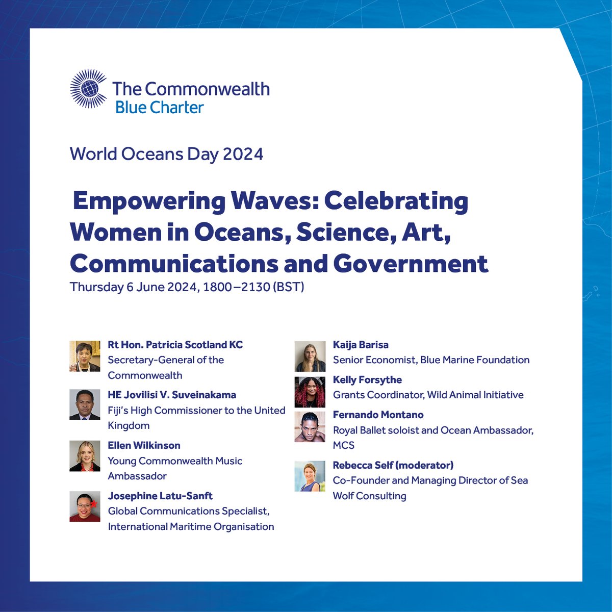 commonwealthsec's tweet photo. In celebration of #WorldOceansDay, join the Commonwealth #BlueCharter and @Bluemarinef on 6 June for an event that will highlight the contributions of women in protecting and preserving our oceans.

Learn more and register to attend 👉🏾: https//bit.ly/4dS55Vp https://t.co/UXRy70JuqV