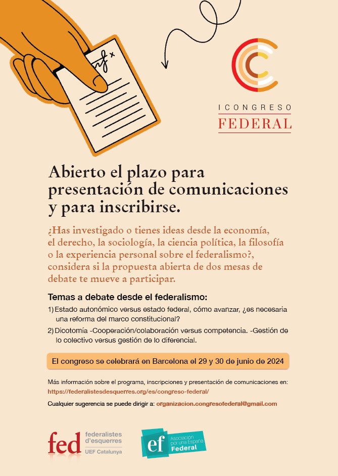 FederalistasdAragón (@fed_aragon) on Twitter photo Barcelona acogerá el I Congreso Federal: información sobre el evento ⬇️
federalistasdearagon.es/barcelona-acog…
<a href="/aespanafederal/">Asociación por una España Federal</a> <a href="/EsquerraFederal/">Federalistes d’Esquerres</a> Barcelona acogerá el I Congreso Federal: información sobre el evento ⬇️
federalistasdearagon.es/barcelona-acog…
<a href="/aespanafederal/">Asociación por una España Federal</a> <a href="/EsquerraFederal/">Federalistes d’Esquerres</a>