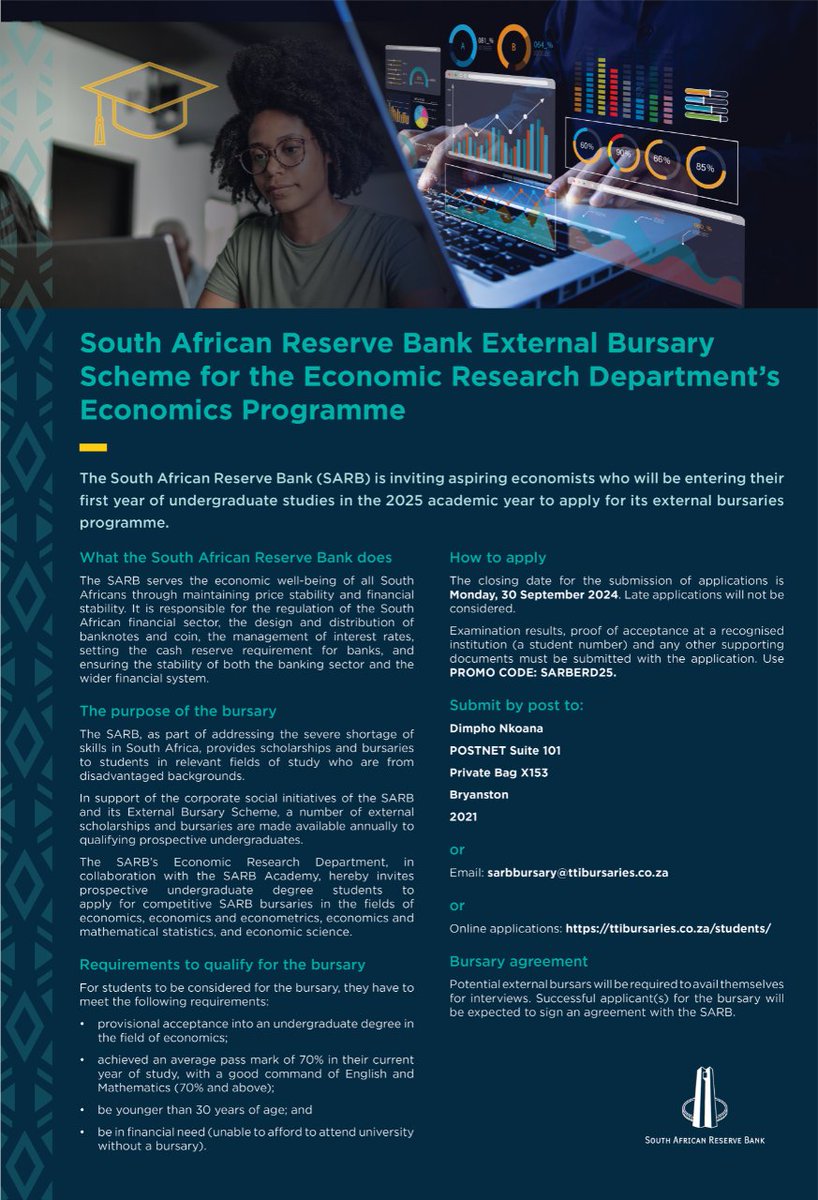 [BURSARY ALERT] The SA Reserve Bank invites Economics students to join its bursary programme. Applications close on 30 September 2024. For application forms, click here: bit.ly/3yMxjAI
