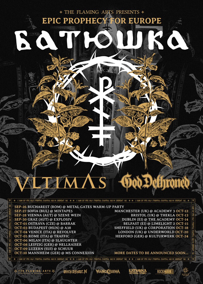 PILGRIMS OF EUROPE!
Are you ready to accept the prophecy?
These are the first dates when we will reveal the NEW PROPHECY together with VLTIMAS  and God Dethroned  Prepare for the debut of new songs, a new look, and new liturgy! 
Meet&amp;Greet on sale now -&gt;batushka-store.com/vip-c-8.html