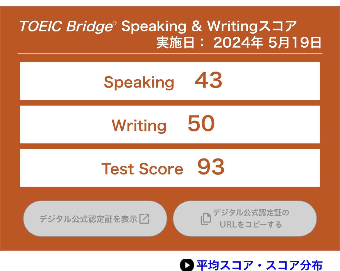 hyper_aminio's tweet photo. 先日モニター受験した、TOEIC Bridge Speak& Writing Testsのリザルトが出ました(∵)/
事前学習ゼロでこのスコア、誰かがS&W受けると自己肯定感が上がるよって言ってたんだけどこういうことなのかな(笑)
次回はSpeakingも満点を目指そう!
#TOEIC受験モニター
#TOEICS&W
#TOEICBridge https://t.co/ulZu54nDl1