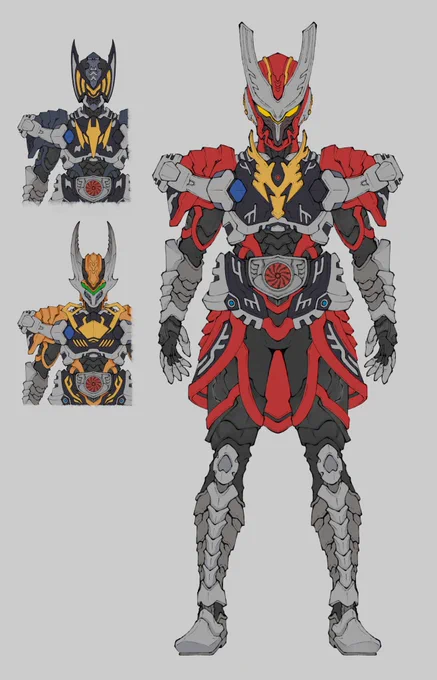 #オリジナル怪人Vバックル 怪身帯(ドラグ,ダーク,シザース)更新されるたびにゴツくなってた怪身帯を、一旦シンプルに戻そうという思いで制作した一体です。Vバックルと銘打っていますが、召喚機を顔に配置して各ライダーの印象の変化を狙っているので、Vバックル自体の主張は控えめですね...w 