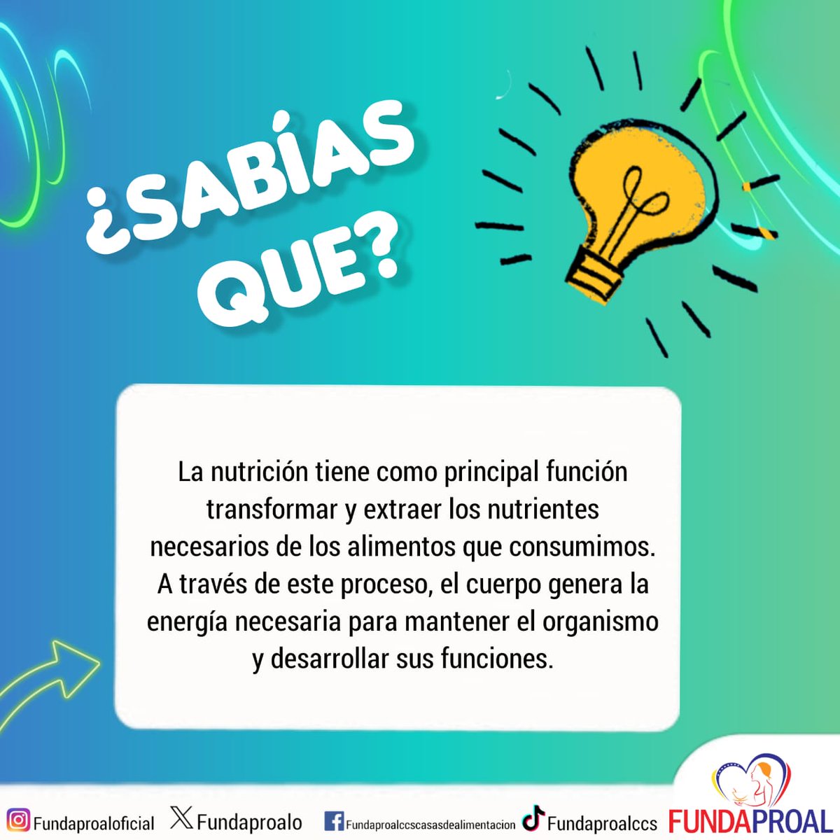 FundaproalO's tweet photo. ¿Sabías que? 💡
La nutrición es fundamental para nuestra salud.
Consume alimentos sanos.🥬
@nicolasmaduro
@MinAlimenVen
@lealtelleria
@PedroMelendez86
#Fundaproal #BienestarSocial #Compromisosocial https://t.co/i2Nw4JKf8a