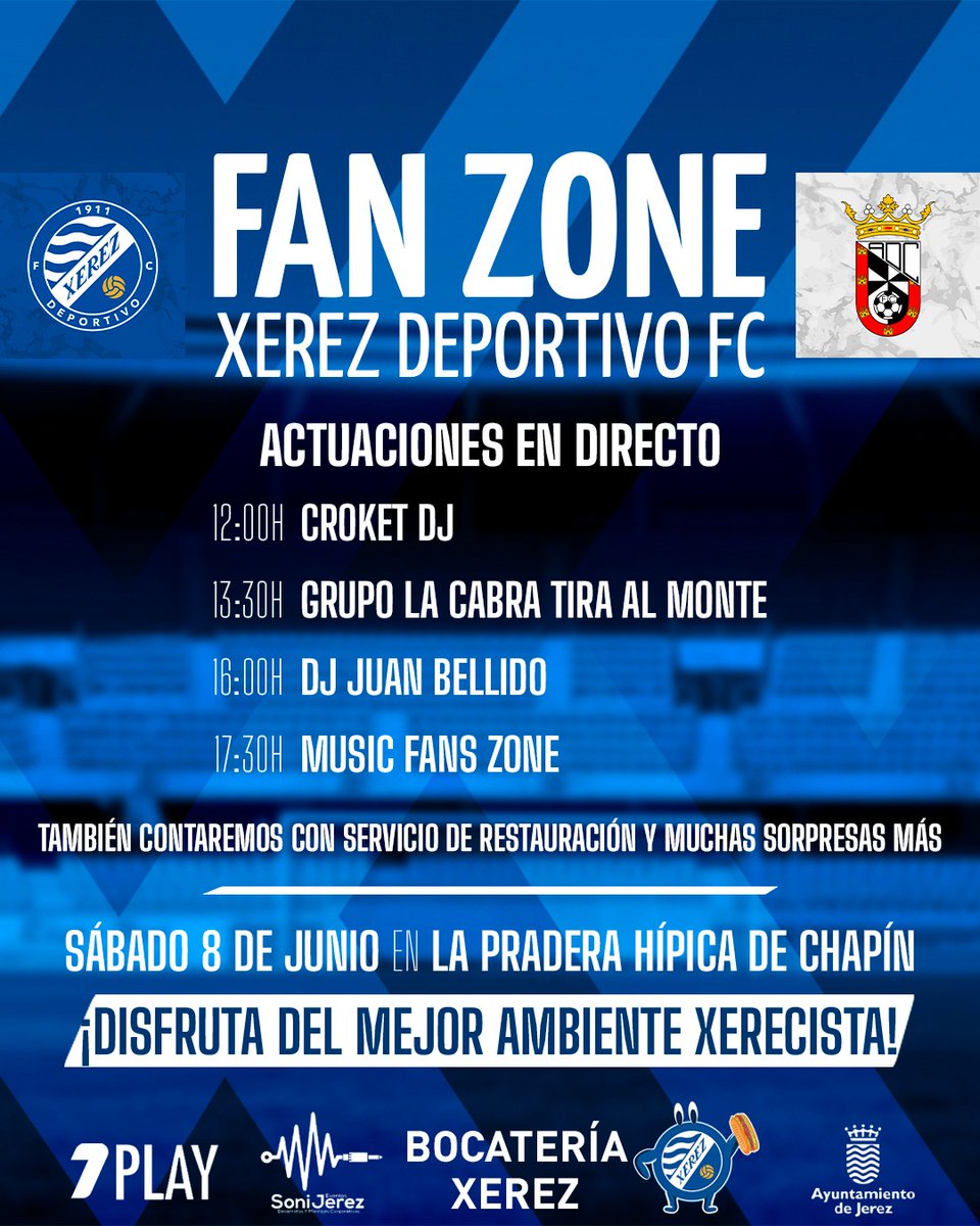 XerezDFC's tweet photo. 🔝🎶 Fan Zone Xerecista

El próximo sábado la Pradera de Chapín se convierte en punto de encuentro para el Xerecismo.

Tendremos música en directo, servicio de restauración y muchas sorpresas más desde las 12:00 horas

🤝 Gracias al patrocinio y colaboración de @javisede97, @sonijerez, @7PlayOficial y @ciudadjerez 

¡Contamos contigo. Jugamos Todos! 💙

#SomosUno | #LibreYNuestro