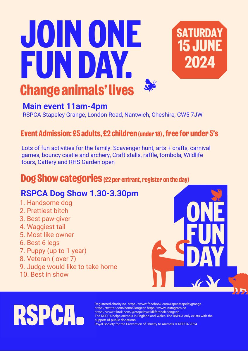 RSPCAStapeley Grange (@rspcastapeley) on Twitter photo PLS REPOST - One Fun Day - 15th June 2024
RSPCA Dog Show 1.30-3.30pm.
£2 per entrant, register on the day. We also have an amazing dog agility show 11.30-1.30 wychedogtrainingclub.weebly.com <a href="/nantwichnews/">NantwichNews</a> <a href="/RedShiftRadioUK/">RedShift Online</a> <a href="/thecat1079/">The Cat</a> <a href="/RSPCA_official/">RSPCA (England & Wales)</a> <a href="/joynes85/">Anthony Joynes</a> <a href="/HerchyBoal/">Herchy Boal</a> PLS REPOST - One Fun Day - 15th June 2024
RSPCA Dog Show 1.30-3.30pm.
£2 per entrant, register on the day. We also have an amazing dog agility show 11.30-1.30 wychedogtrainingclub.weebly.com <a href="/nantwichnews/">NantwichNews</a> <a href="/RedShiftRadioUK/">RedShift Online</a> <a href="/thecat1079/">The Cat</a> <a href="/RSPCA_official/">RSPCA (England & Wales)</a> <a href="/joynes85/">Anthony Joynes</a> <a href="/HerchyBoal/">Herchy Boal</a>