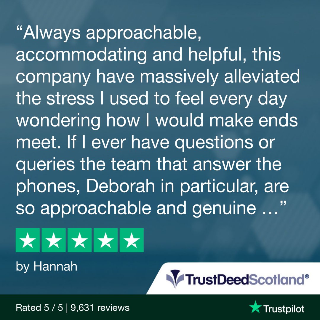 TrustDeedScotl's tweet photo. 🆕 Trust Deed Scotland® @Trustpilot review.
★★★★★ by Hannah.
Read more reviews:
➡️ https://t.co/ftpYfsBH2l
Get started:
➡️ https://t.co/qHLKkMYdcf
Download our debt solutions guide:
➡️ https://t.co/E7xnKfA1B4
📞 0141 221 0999
#trustdeedscotland #lifeafterdebt