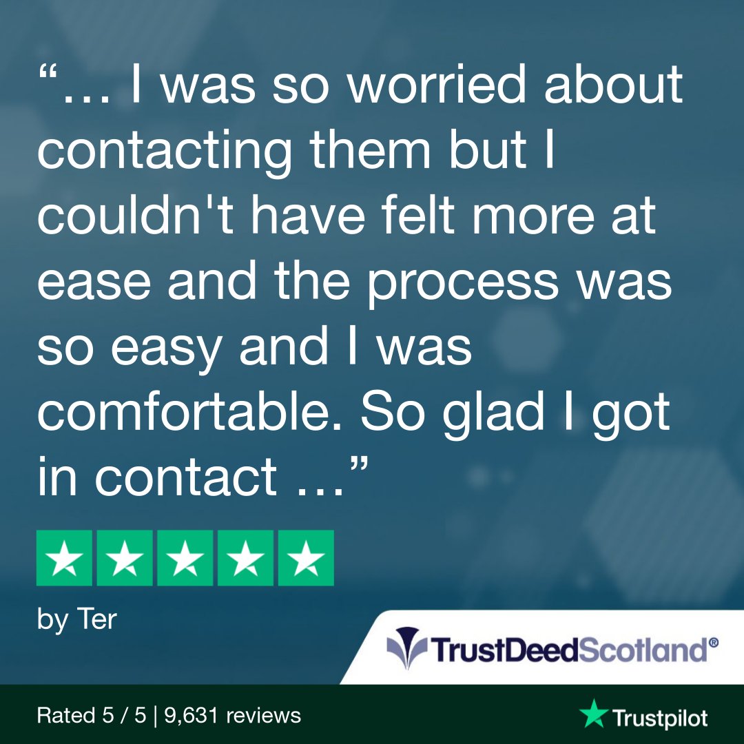 TrustDeedScotl's tweet photo. 🆕 Trust Deed Scotland® @Trustpilot review.
★★★★★ by Ter.
Read more reviews:
➡️ https://t.co/ftpYfsB9cN
Get started:
➡️ https://t.co/qHLKkMXFmH
Download our debt solutions guide:
➡️ https://t.co/E7xnKfztLw
📞 0141 221 0999
#trustdeedscotland #lifeafterdebt