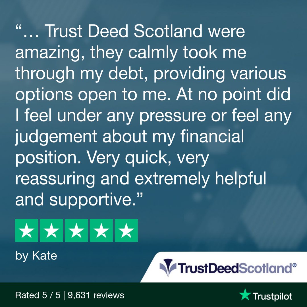 TrustDeedScotl's tweet photo. 🆕 Trust Deed Scotland® @Trustpilot review.
★★★★★ by Kate.
Read more reviews:
➡️ https://t.co/ftpYfsB9cN
Get started:
➡️ https://t.co/qHLKkMXFmH
Download our debt solutions guide:
➡️ https://t.co/E7xnKfztLw
📞 0141 221 0999
#trustdeedscotland #lifeafterdebt
