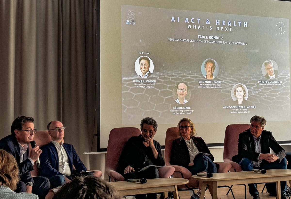 Table ronde ce midi à <a href="/Future4care/">Future4care</a> avec <a href="/HCDataInstitute/">Healthcare Data Institute</a>, sur l’Europe comme Leader de l'IA, avec <a href="/astaillandier/">Anne-Sophie Taillandier</a> (@TeraLab_DIH), Philippe GESNOUIN (<a href="/Inria/">Inria</a>), <a href="/ebacry/">Emmanuel Bacry</a> (#Prairie,<a href="/HealthDataHub/">Health Data Hub</a>) et Cédric MAHÉ (<a href="/sanofi/">Sanofi</a>), modérée par Thomas LONDON (<a href="/McKinsey/">McKinsey & Company</a>) #IA #AIACT #Santé #eSanté