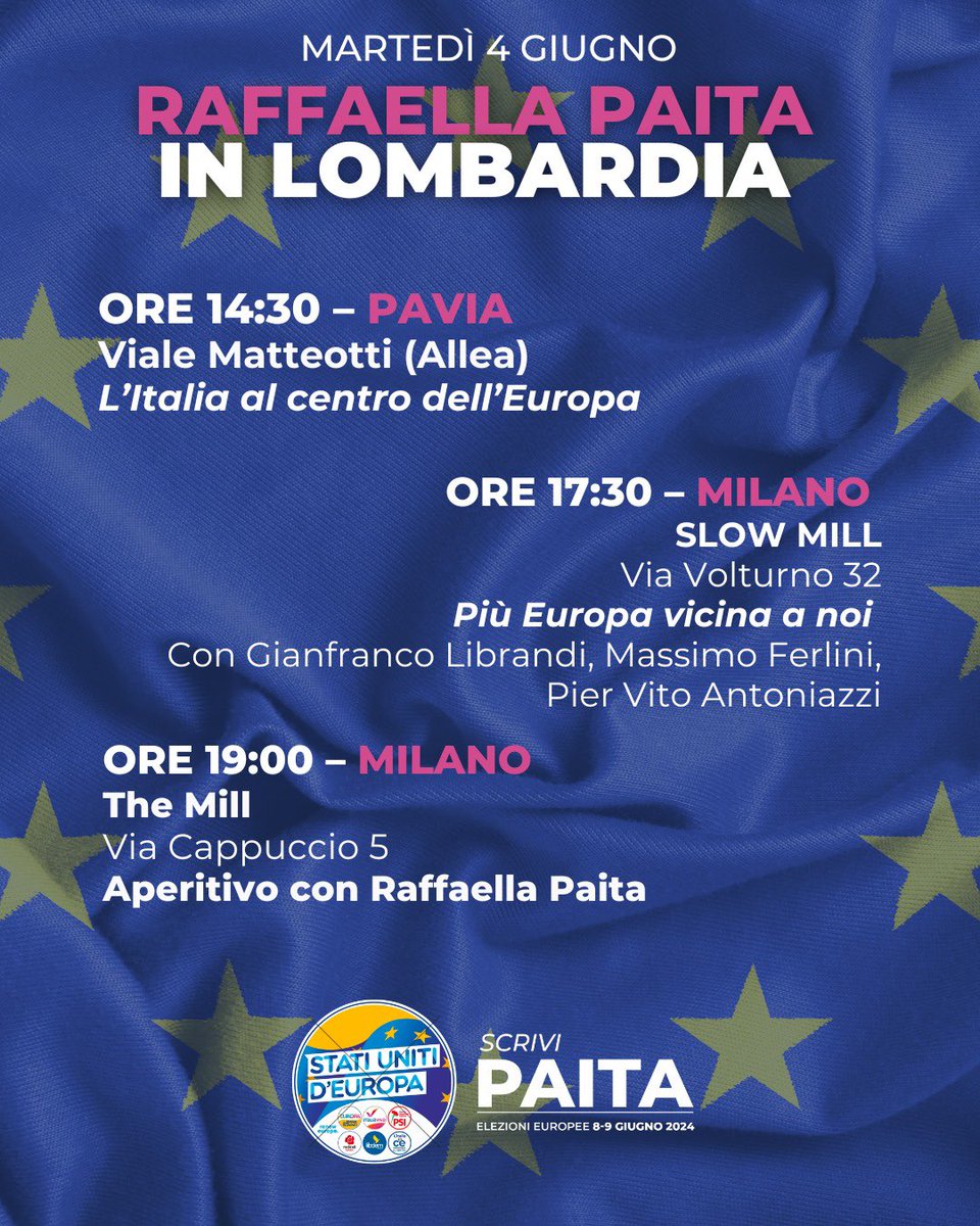 raffaellapaita's tweet photo. Gli appuntamenti di oggi in Lombardia.
Ci vediamo al gazebo di Viale Matteotti a Pavia e più tardi alle 17:30 allo Slow Mill con Gianfranco Librandi a Milano e poi al The Mill in Via Cappuccio 5. 
Vi aspetto ! https://t.co/C3wWTxFdE8