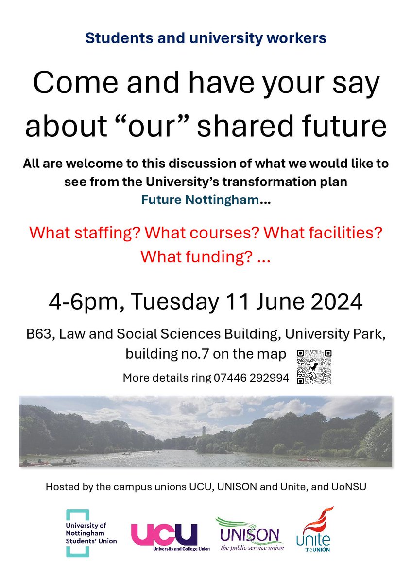 UnisonUon's tweet photo. Staff and students are all welcome to discuss the University’s transformation plan #FutureNottingham. 
Tuesday 11 June, 4-6pm, B63 LASS, UP
What do you want to see? What staffing? Courses? Facilities? Funding? 
Hosted by UCU, UNISON Unite + UoNSU. Details: unison@nottingham.ac.uk https://t.co/qlzawnrhaX