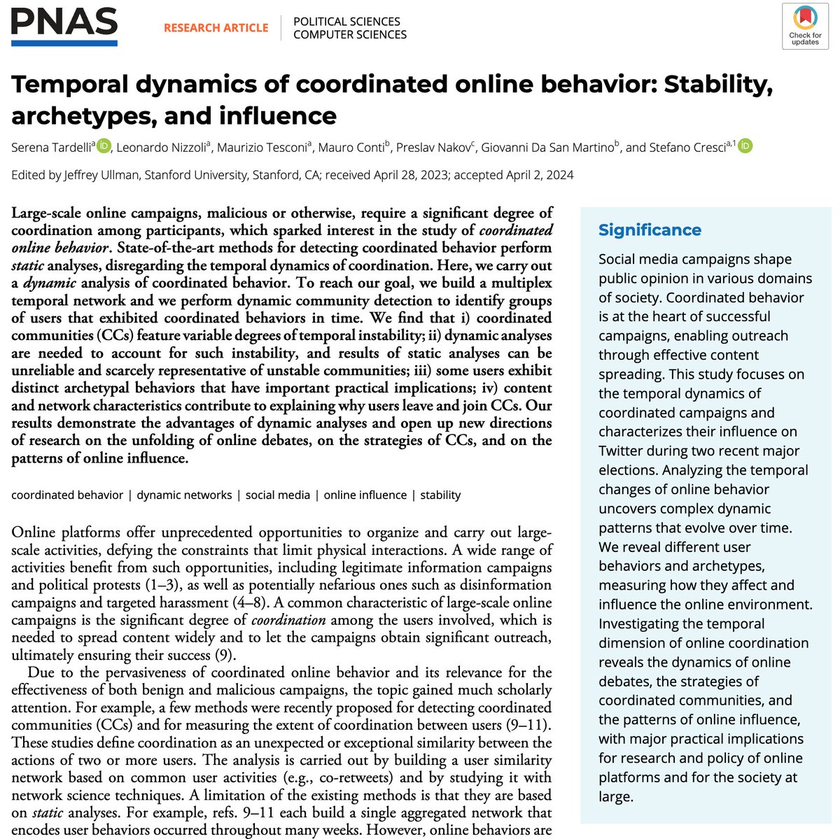 Stefano Cresci (@s_cresci) on Twitter photo Our new <a href="/PNASNews/">PNASNews</a> paper:
1⃣shows that #coordinated communities are unstable in time 📈⏱️
2⃣reveals user #migration between political communities 🔴➡️🔵
3⃣explores dynamics of #influence in online debates 🗣️
📰 paper: pnas.org/doi/full/10.10…
<a href="/IITCNR/">Istituto di Informatica e Telematica CNR</a> <a href="/SoBigData/">SoBigData</a> <a href="/mbzuai/">MBZUAI</a> <a href="/UniPadova/">Università di Padova</a> Our new <a href="/PNASNews/">PNASNews</a> paper:
1⃣shows that #coordinated communities are unstable in time 📈⏱️
2⃣reveals user #migration between political communities 🔴➡️🔵
3⃣explores dynamics of #influence in online debates 🗣️
📰 paper: pnas.org/doi/full/10.10…
<a href="/IITCNR/">Istituto di Informatica e Telematica CNR</a> <a href="/SoBigData/">SoBigData</a> <a href="/mbzuai/">MBZUAI</a> <a href="/UniPadova/">Università di Padova</a>