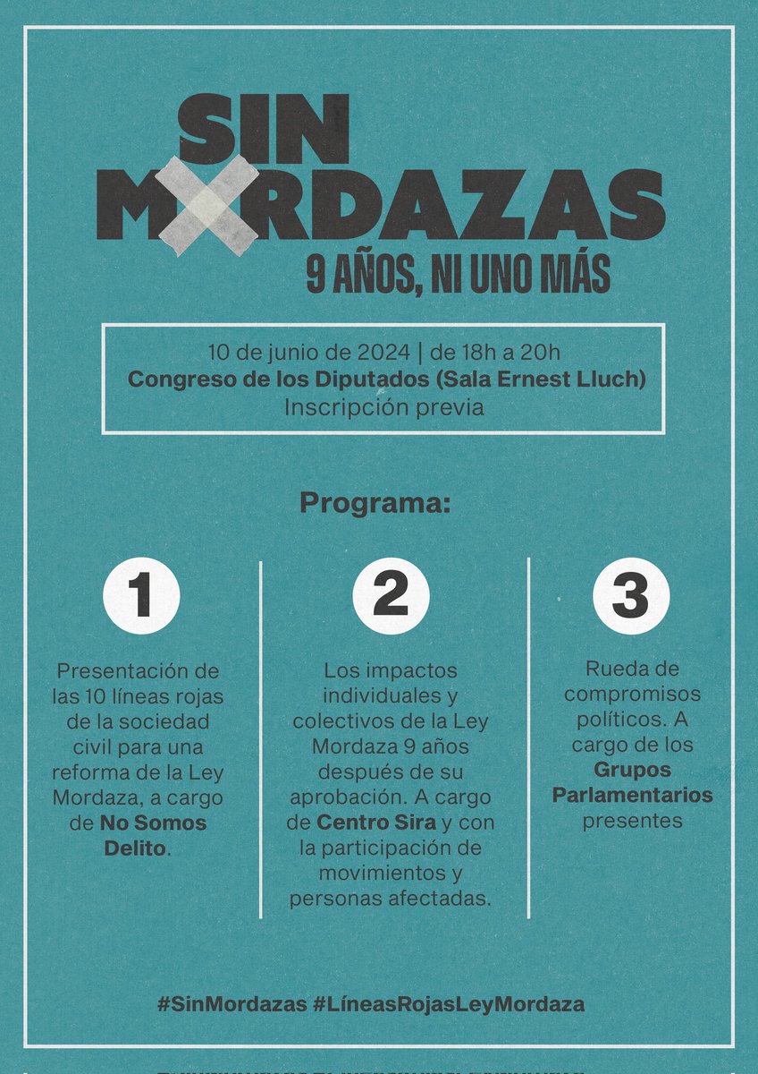 #LeyMordaza cumple 9 años. @NoSomosDelito está comprometida a que no cumpla ni uno más. 📢 El lunes #10J presentamos en el @Congreso_Es las #LíneasRojasLeyMordaza para una reforma garantista con los #DDHH 📅 10/06 ⏰ 18h-20h 🔗 Inscripción: forms.komun.org/acto-en-el-con… #SinMordazas