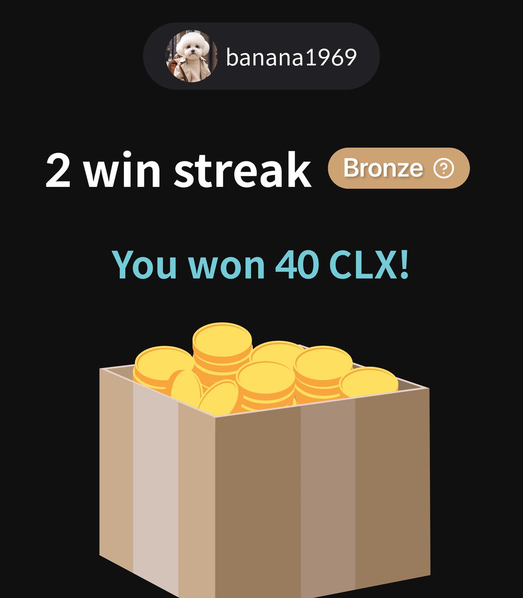 opppowell04's tweet photo. #BTC Price Prediction Guru banana1969 achieved 2win streak in #G2E
&amp; earned 40 #CLX rewards! Congrats👏
#Coinlive #Priceprediction #Earncrypto #P2E https://t.co/Y3SuP63Jxs